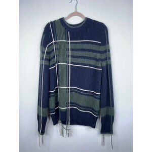 Tory Burch Eden Sweater Blue Green Plaid Fringe Wool Mohair Camel Hair Large